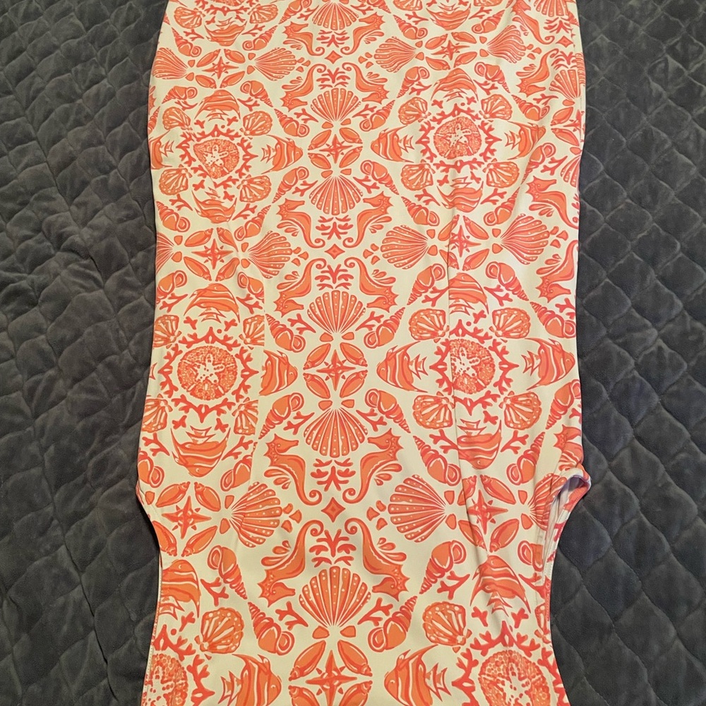 Large Sunset’s and Sweet Tea coral and white dress. Great for Florida gatherings